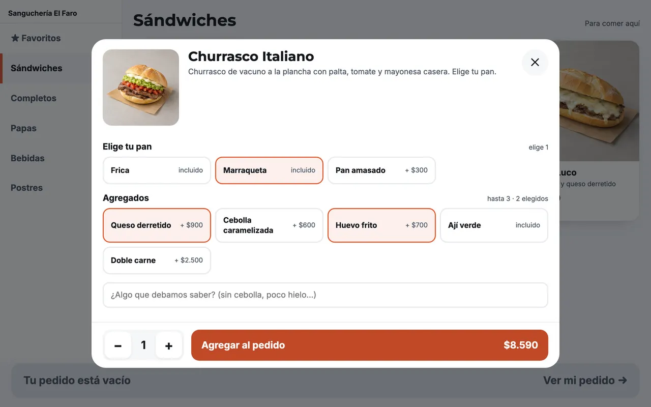 Tótem: ficha de un churrasco donde se elige el pan y los agregados, con el precio actualizado