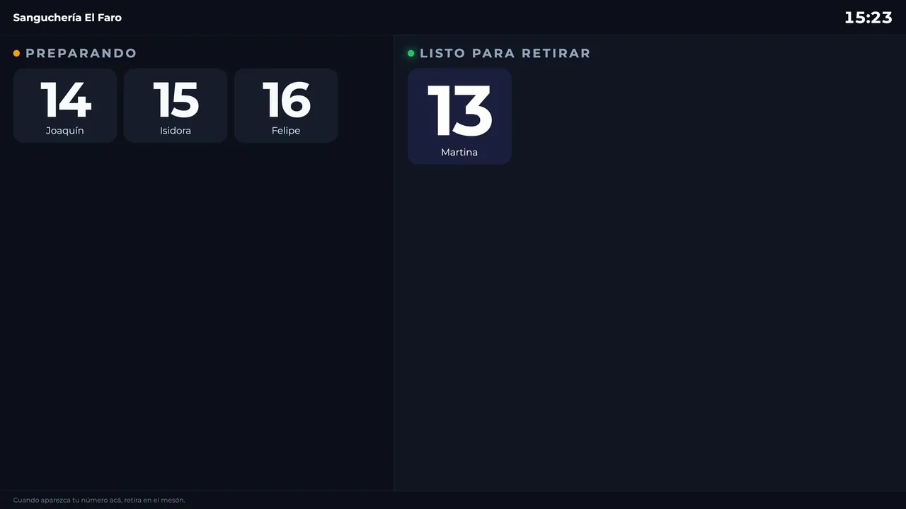 Llamador para el TV con los números en preparación y listos para retirar