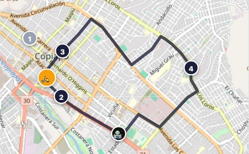 Panel de demostración: la ruta de reparto del día en el mapa, con las paradas numeradas